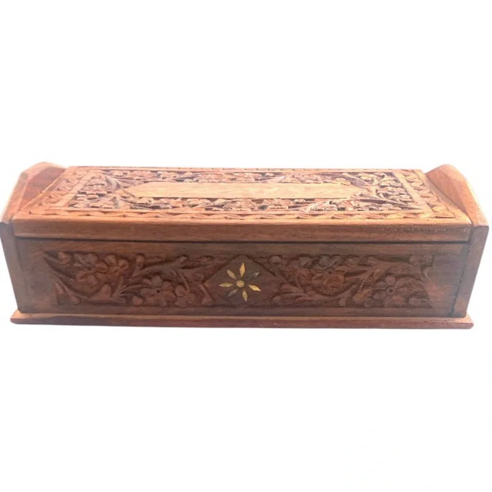Vintage Ornate Indian Wooden Box Carved Floral Gold Paint Jewelry Trinket Holder